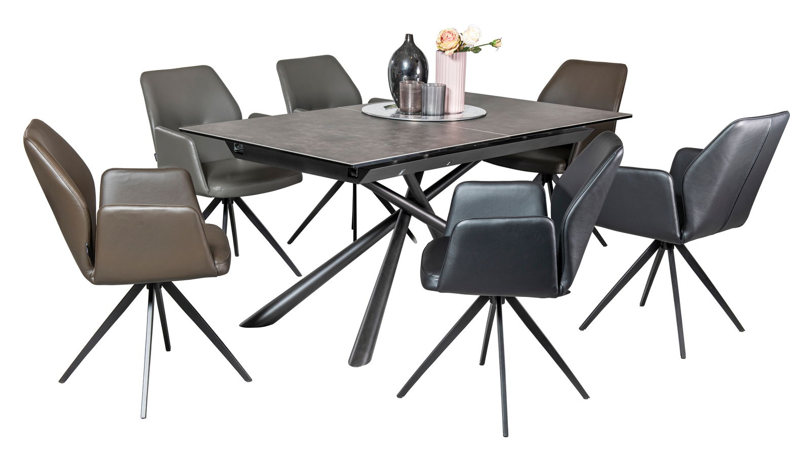 Essgruppe mit sechs modernen Sesseln und einem rechteckigen Tisch, seitliche Perspektive