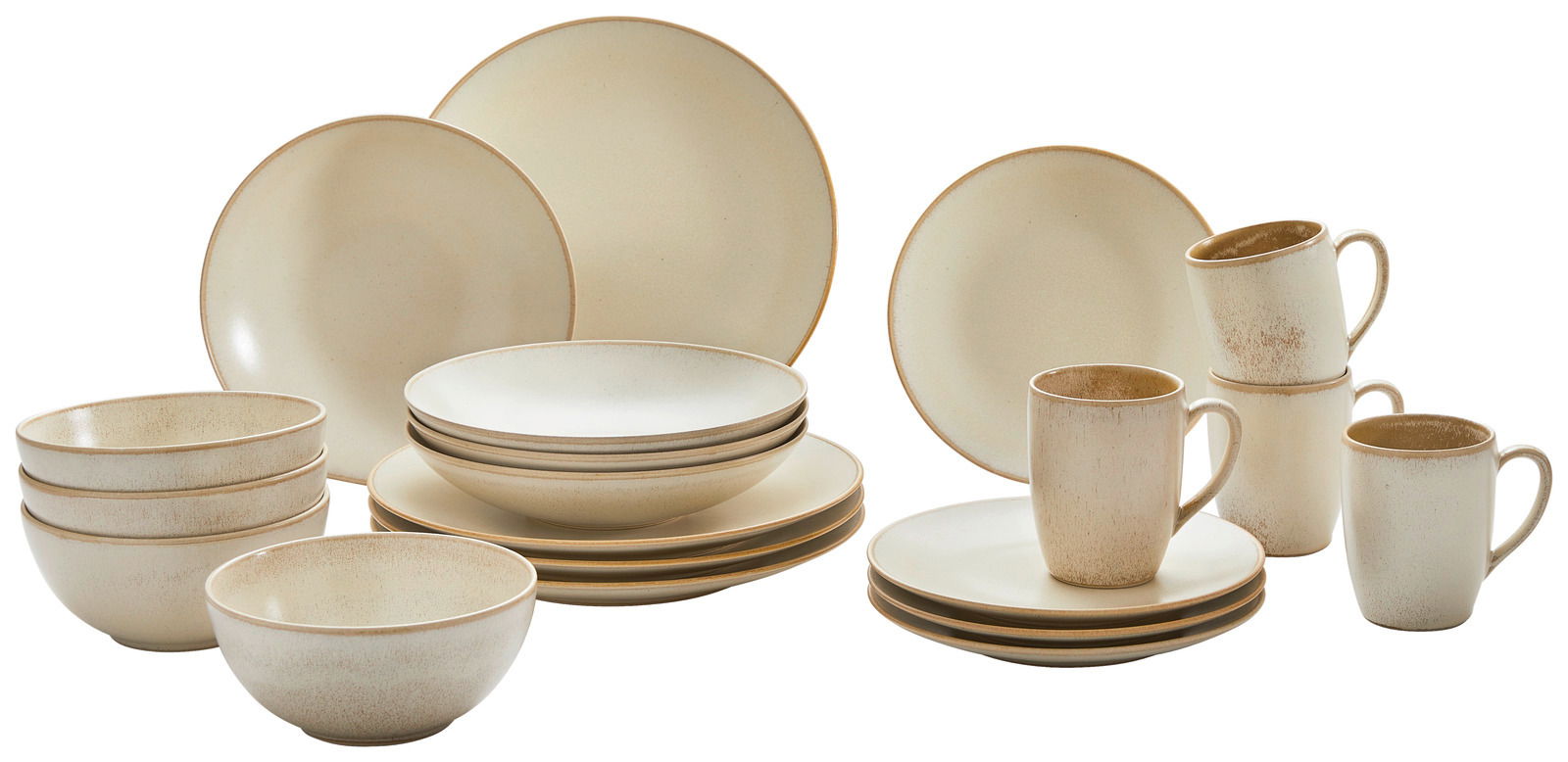 Kombiservice 20-tlg. Cafe del in cremefarbenem Design, bestehend aus Tellern, Schalen und Tassen, aus seitlicher Perspektive fotografiert.