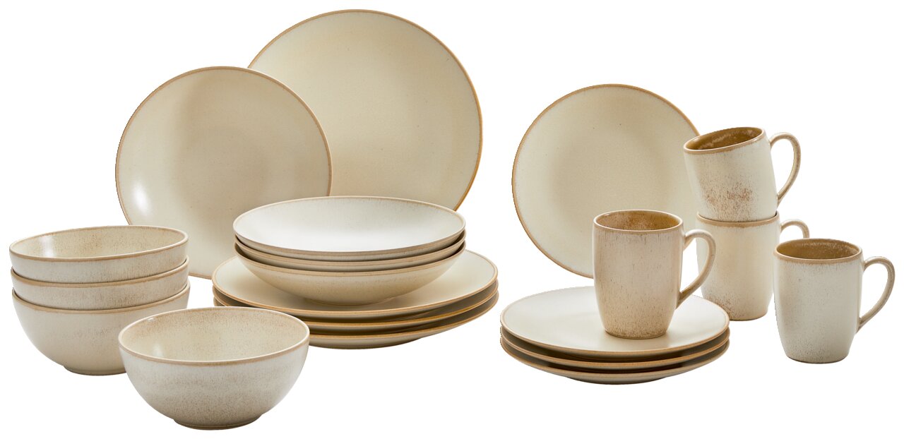 ASA SELECTION 20-delige servieset Cafe del Mar 20-delige servieset Cafe del in crèmekleurig design, bestaande uit borden, schalen en kopjes, gefotografeerd vanuit zijaanzicht.