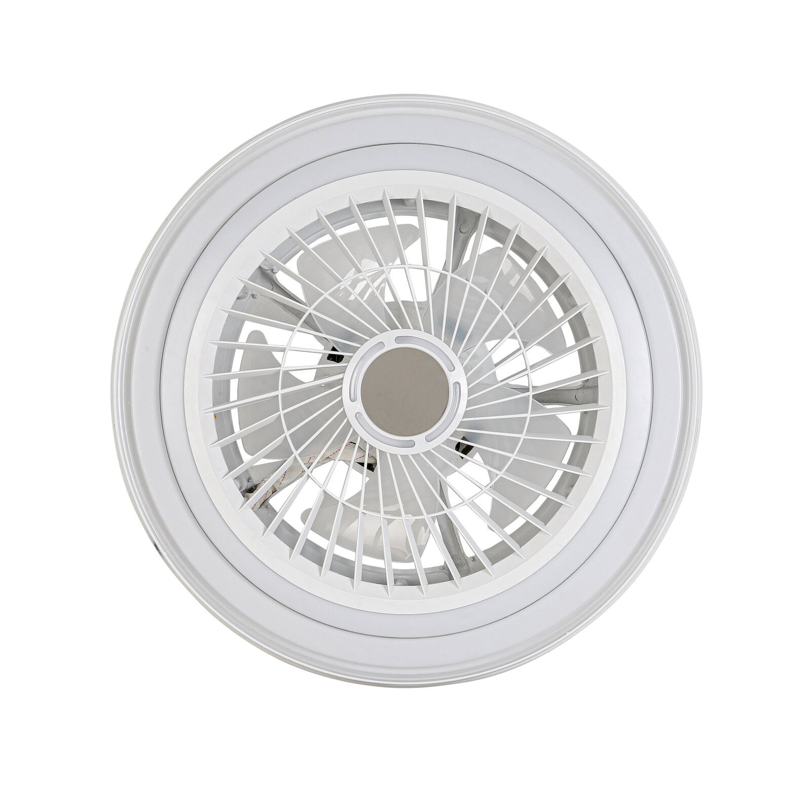 Deckenventilator in Draufsicht mit weißem Gehäuse und Schutzgitter
