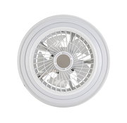 Deckenventilator in Draufsicht mit weißem Gehäuse und Schutzgitter