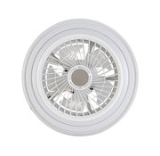 Deckenventilator in Draufsicht mit weißem Gehäuse und Schutzgitter