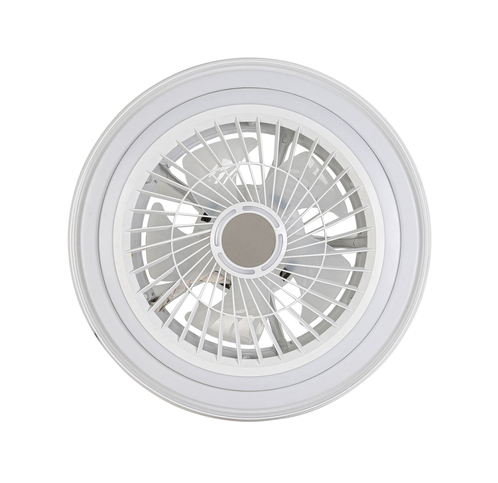 Deckenventilator in Draufsicht mit weißem Gehäuse und Schutzgitter