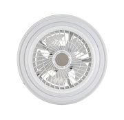 Deckenventilator in Draufsicht mit weißem Gehäuse und Schutzgitter