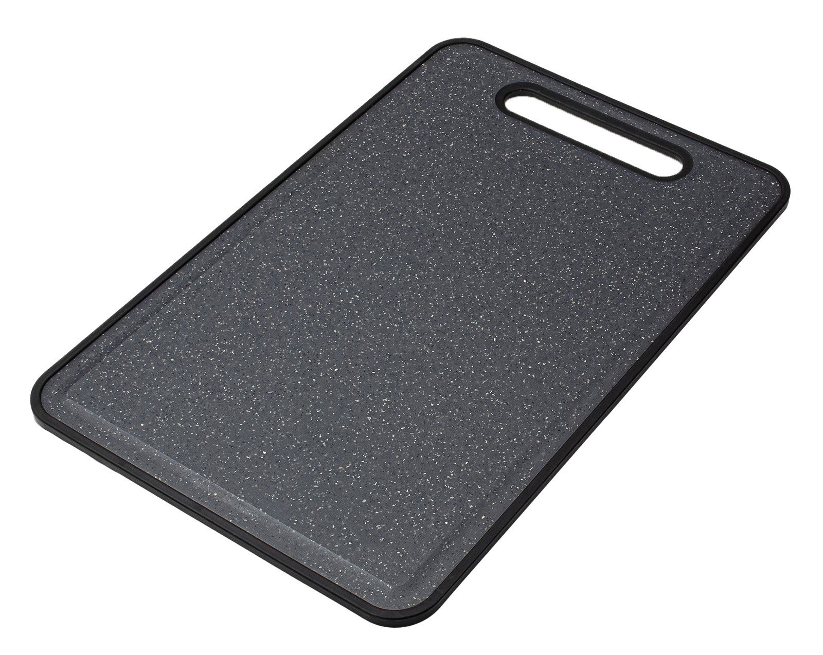 Schneidbrett 45x30 cm aus schwarzem Material mit glitzernder Oberfläche, perspektivisch von oben fotografiert