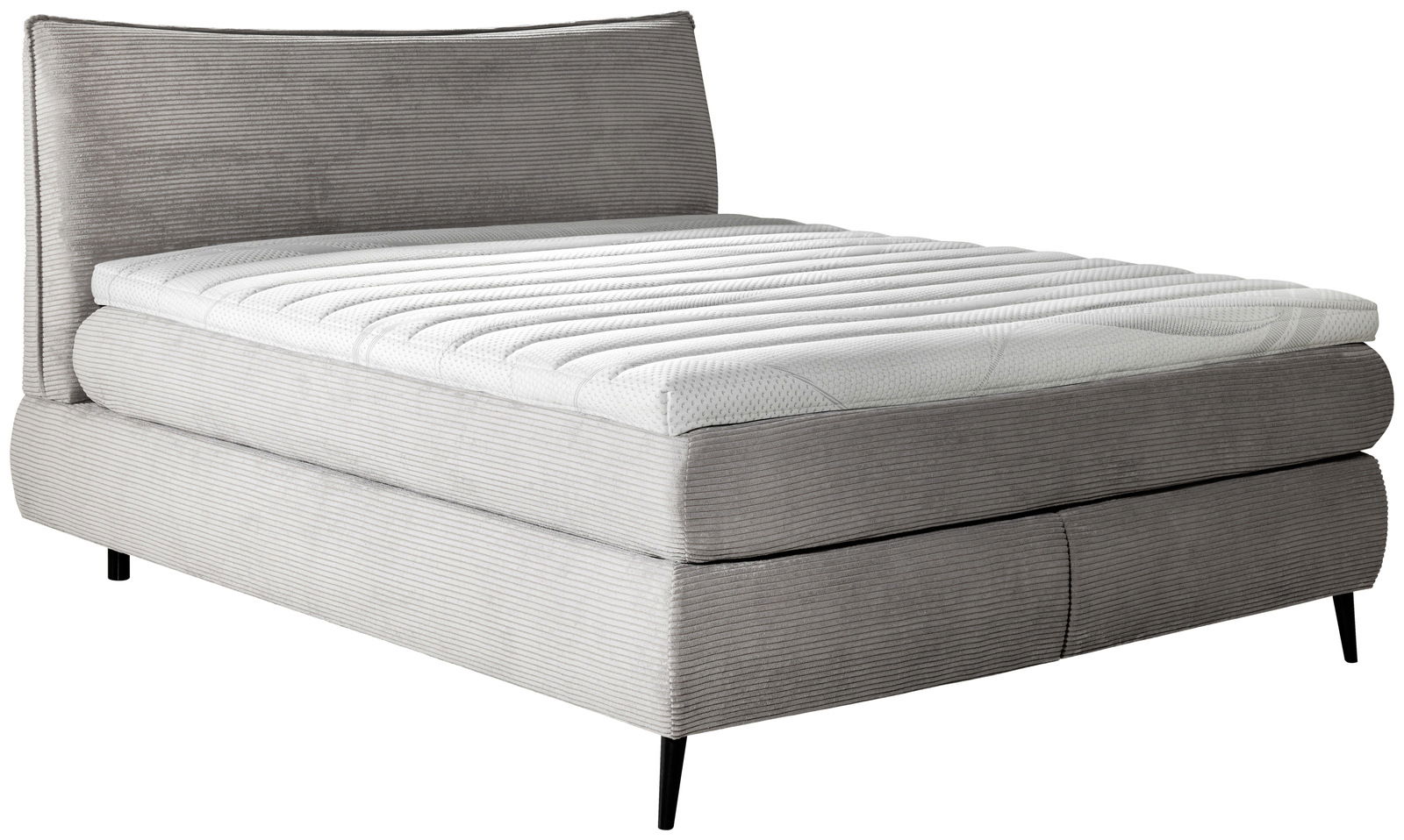 Esposa Boxspringbett BOSA Boxspringbett 180x200 in grauem Stoff mit gestepptem Kopfteil, seitliche Perspektive