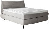 Boxspringbett 180x200 in grauem Stoff mit gestepptem Kopfteil, seitliche Perspektive