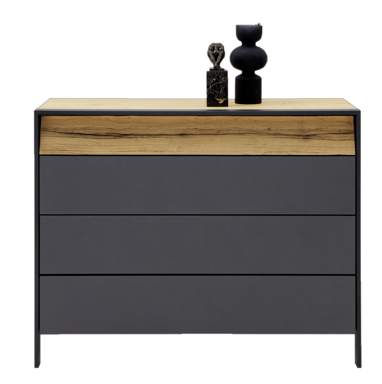 Moderne Kommode mit drei Schubladen in dunklem Grau und einer oberen Holzplatte, frontal abgebildet. Dekoriert mit zwei stilvollen Vasen.