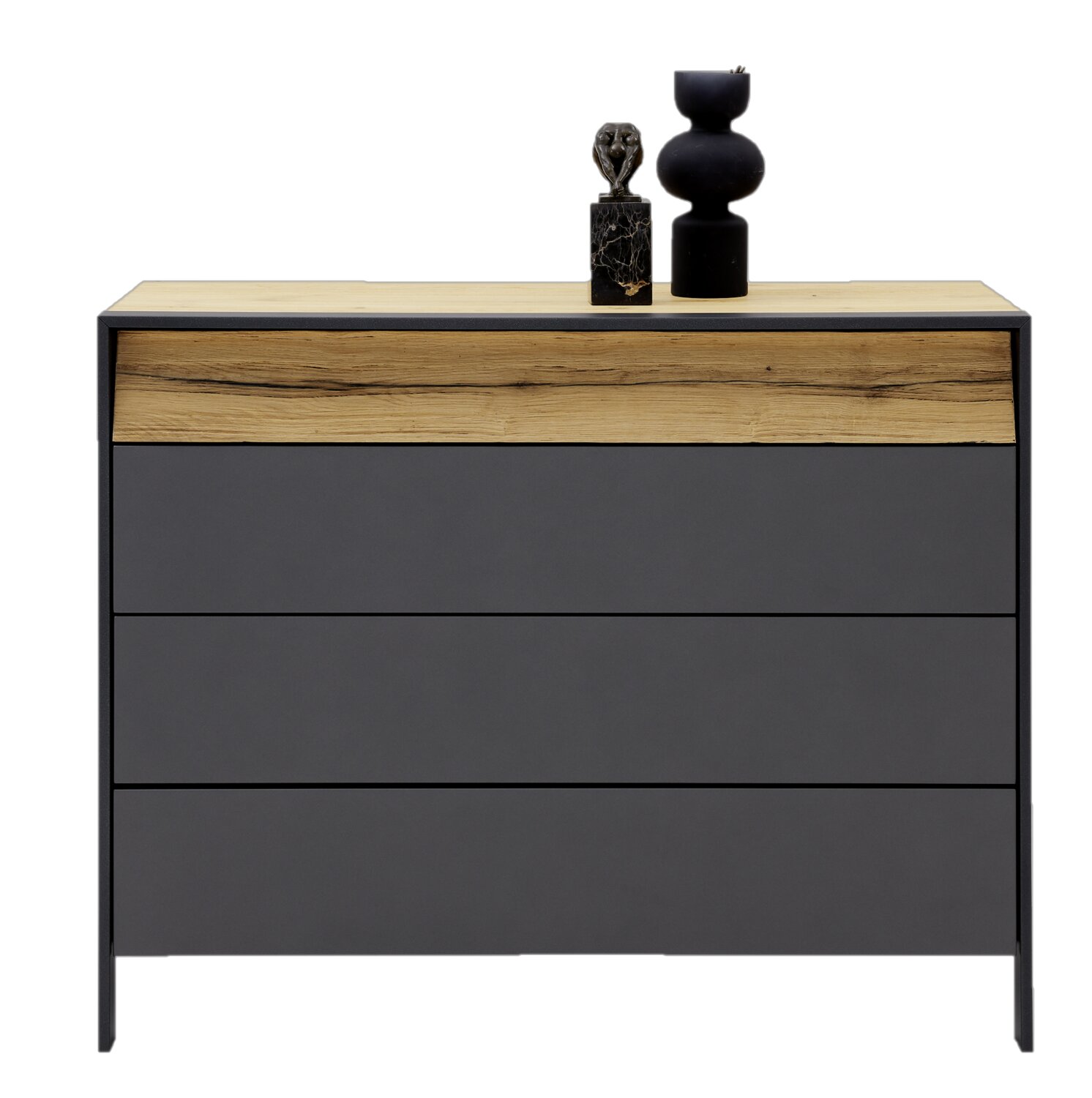 Moderne Kommode mit drei Schubladen in dunklem Grau und einer oberen Holzplatte, frontal abgebildet. Dekoriert mit zwei stilvollen Vasen.