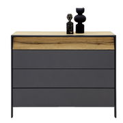Moderne Kommode mit drei Schubladen in dunklem Grau und einer oberen Holzplatte, frontal abgebildet. Dekoriert mit zwei stilvollen Vasen.