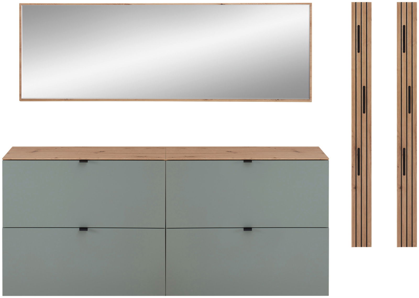 Garderoben-Set Schilf bestehend aus einem großen rechteckigen Spiegel, einem niedrigen Schrank mit vier Türen in Schilfgrün und zwei vertikalen Holzpaneelen. Frontalansicht.
