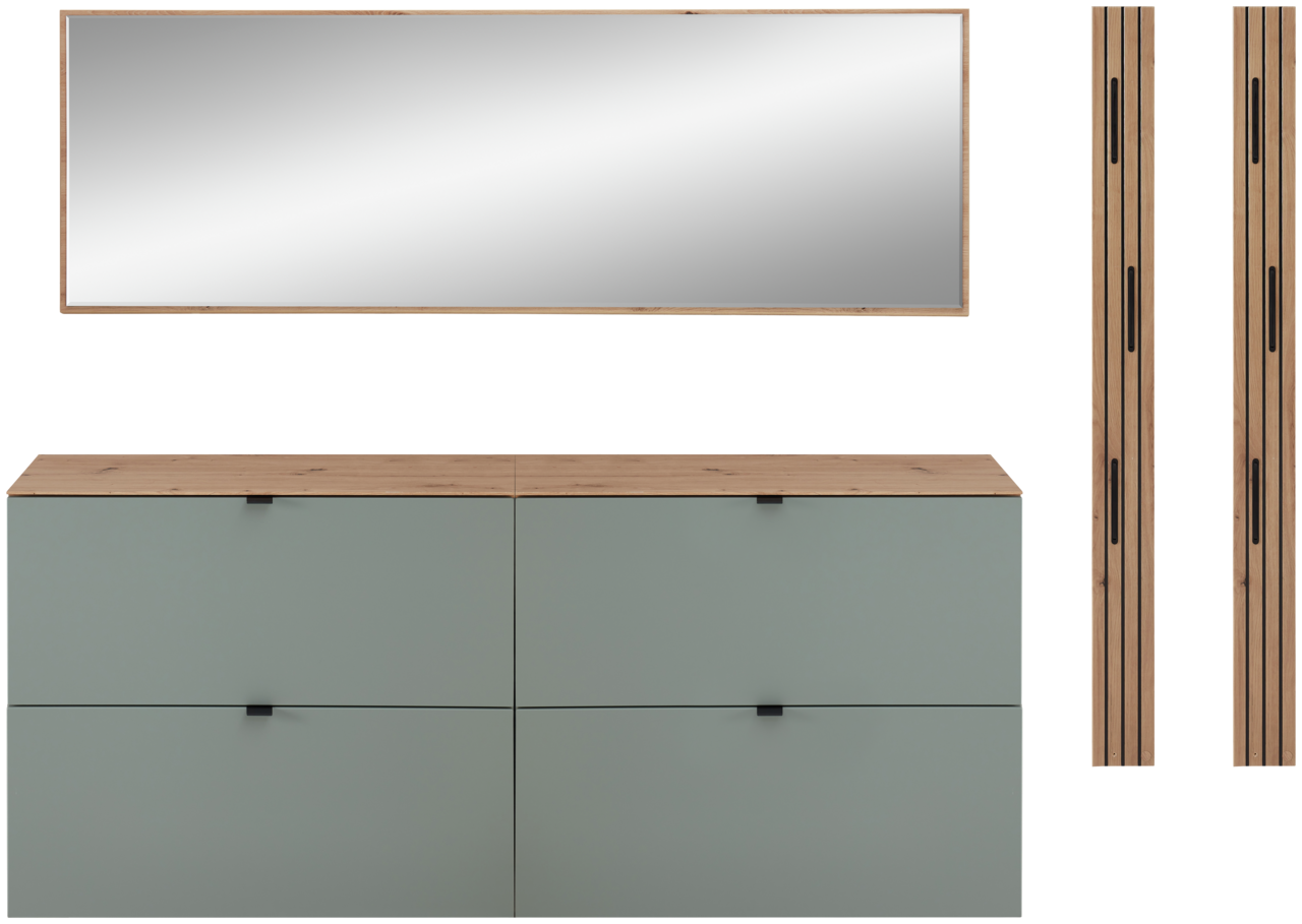 Voleo Garderoben-Set DIANA Garderoben-Set Schilf bestehend aus einem großen rechteckigen Spiegel, einem niedrigen Schrank mit vier Türen in Schilfgrün und zwei vertikalen Holzpaneelen. Frontalansicht.
