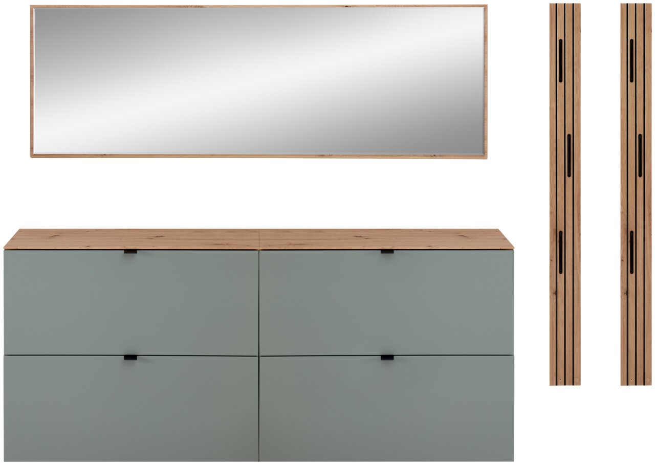 Voleo Garderoben-Set DIANA Garderoben-Set Schilf bestehend aus einem großen rechteckigen Spiegel, einem niedrigen Schrank mit vier Türen in Schilfgrün und zwei vertikalen Holzpaneelen. Frontalansicht.