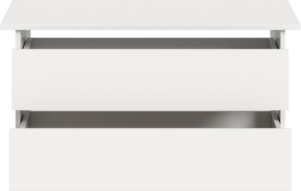 Weiße, minimalistische Kommode mit zwei geöffneten Schubladen, frontale Ansicht mit leicht erhöhter Perspektive auf neutralem Hintergrund.