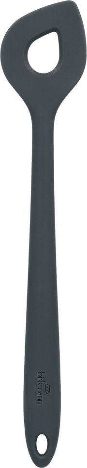 Grauer Rührlöffel aus Silikon mit ergonomischem Griff, Vorderansicht