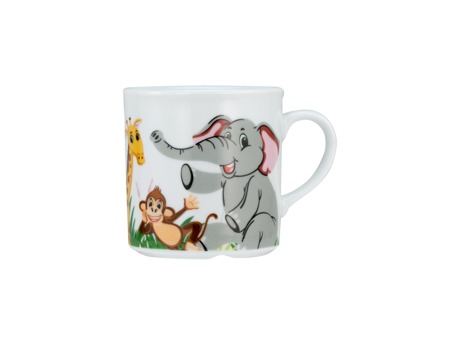 Weiße Kindertasse mit Henkel und bunten Tiermotiven (Elefant, Affe, Giraffe), Produktansicht schräg von vorne mit Henkel rechts auf weißem Hintergrund
