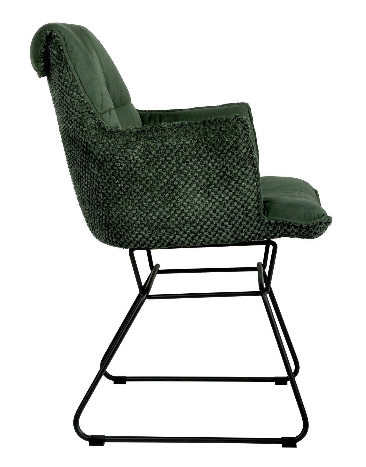 Seitenansicht eines grünen Armlehnstuhls mit schwarzem Metallgestell