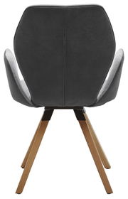 Rückansicht eines modernen Armlehnenstuhls mit grauem Polster und Holzbeinen.