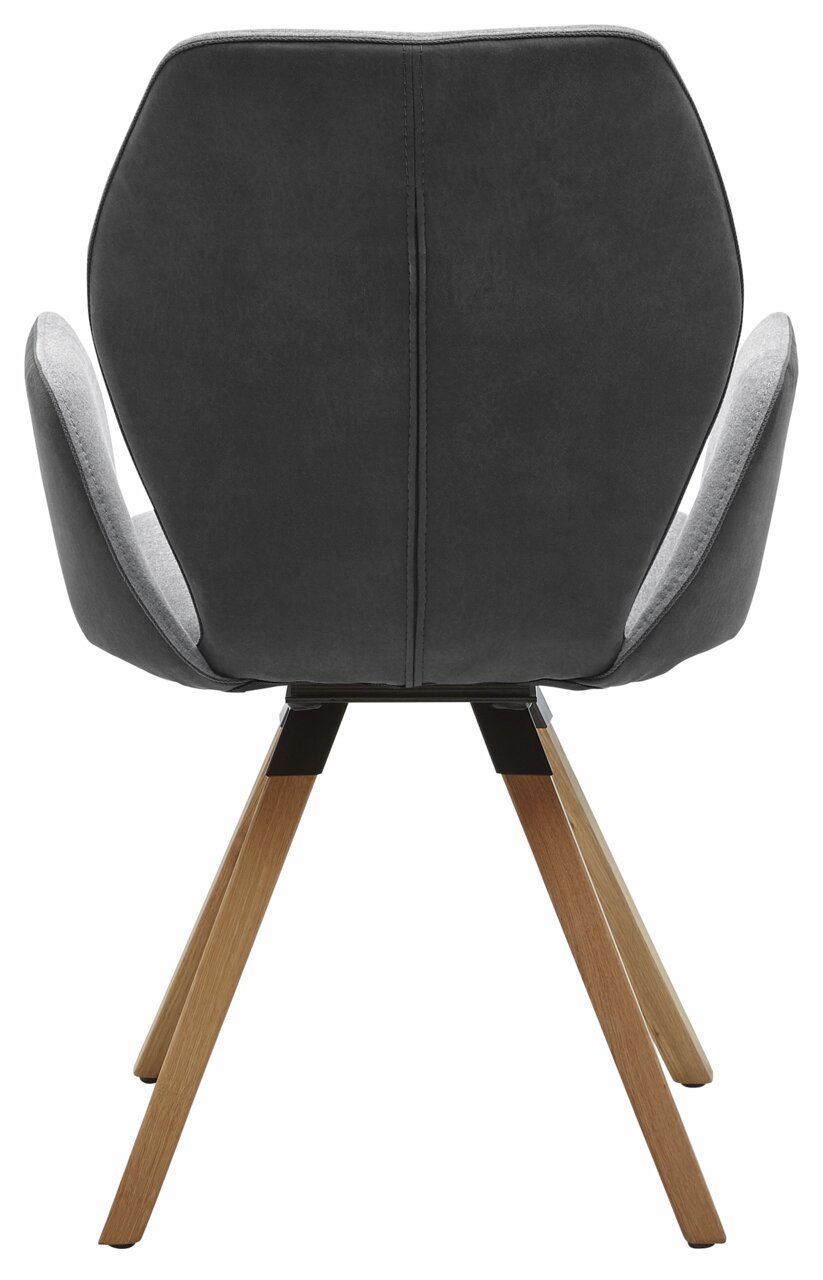 Rückansicht eines modernen Armlehnenstuhls mit grauem Polster und Holzbeinen.