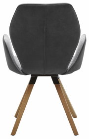 Rückansicht eines modernen Armlehnenstuhls mit grauem Polster und Holzbeinen.