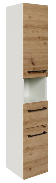 Hochschrank mit Holzoptik und weißen Seiten, frontal betrachtet