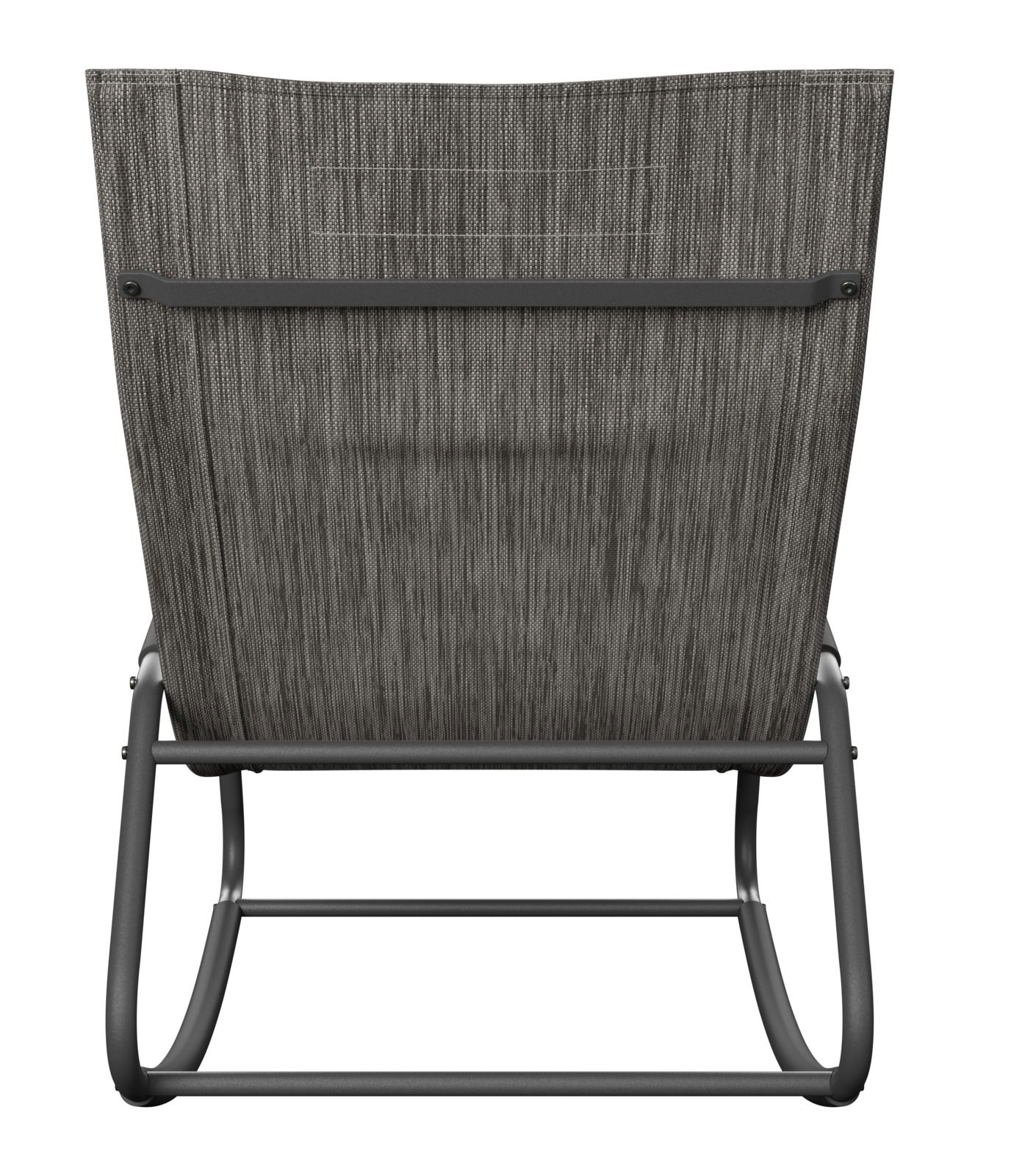 Rückansicht einer Schaukelliege mit grauem Stoffbezug und stabilem Metallrahmen.