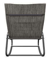 Rückansicht einer Schaukelliege mit grauem Stoffbezug und stabilem Metallrahmen.