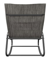 Rückansicht einer Schaukelliege mit grauem Stoffbezug und stabilem Metallrahmen.