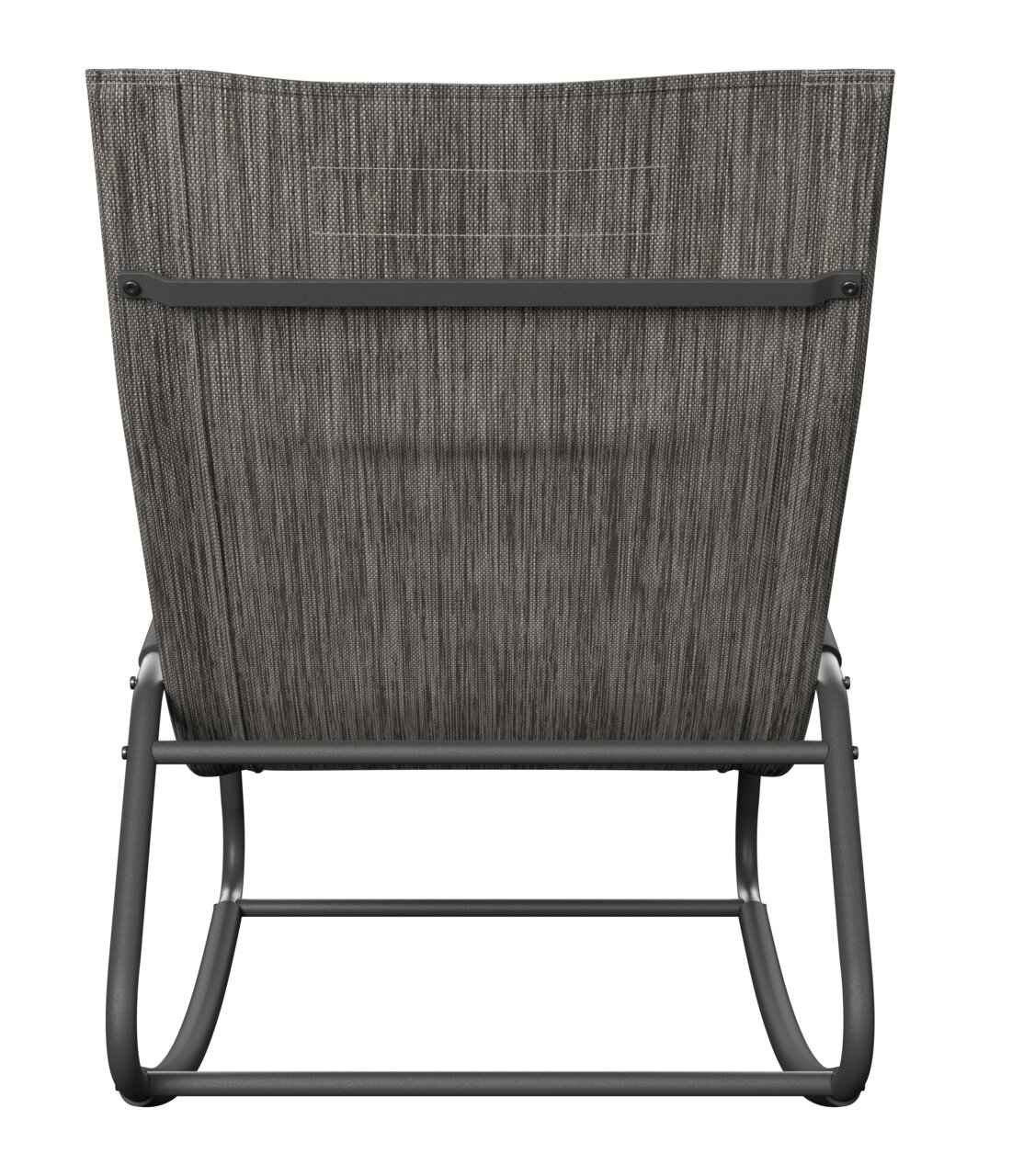 Rückansicht einer Schaukelliege mit grauem Stoffbezug und stabilem Metallrahmen.