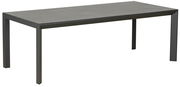 Moderner rechteckiger Gartentisch mit dunkler Oberfläche und stabilen Beinen, seitliche Perspektive.
