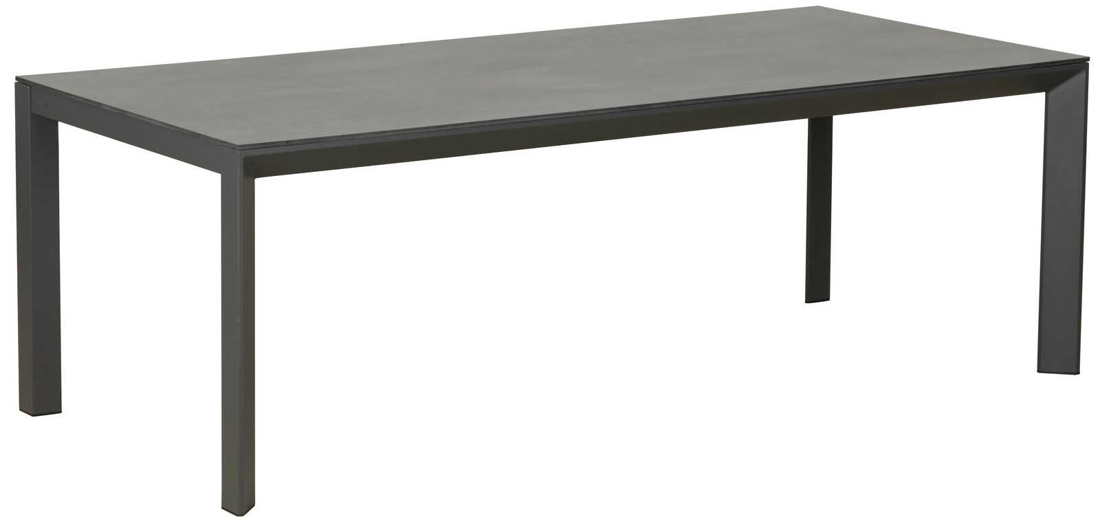 Moderner rechteckiger Gartentisch mit dunkler Oberfläche und stabilen Beinen, seitliche Perspektive.