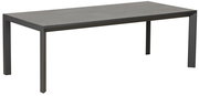Moderner rechteckiger Gartentisch mit dunkler Oberfläche und stabilen Beinen, seitliche Perspektive.