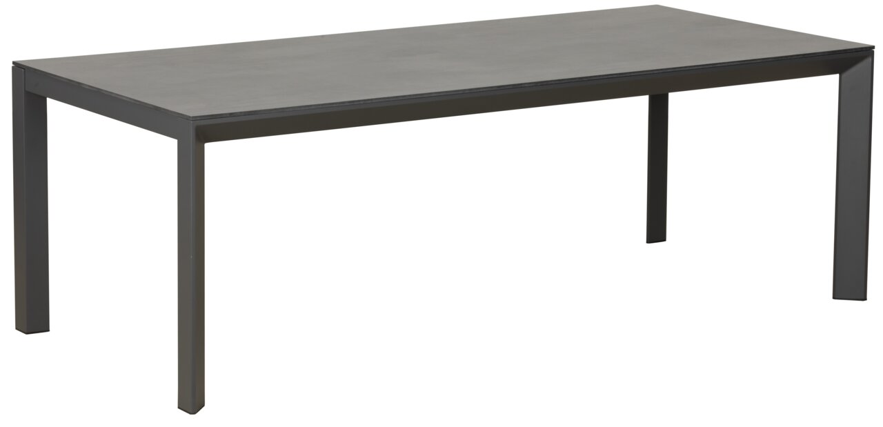 Amatio Gartentisch ARILD Moderner rechteckiger Gartentisch mit dunkler Oberfläche und stabilen Beinen, seitliche Perspektive.