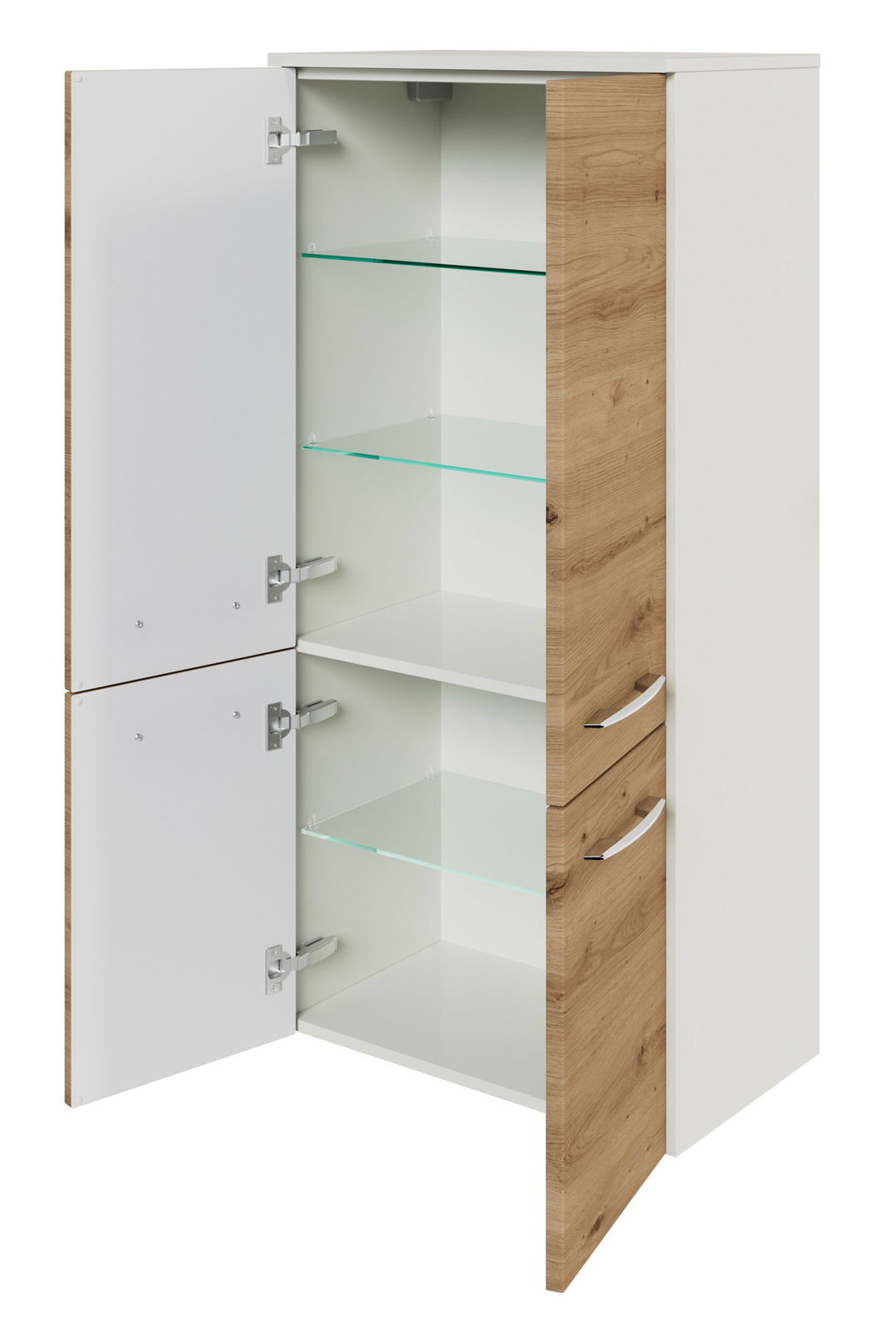 Sadena Midischrank PLAKA Midischrank mit Holz- und Weißoptik, zwei geöffnete Türen, Glasböden, Perspektive von vorne rechts