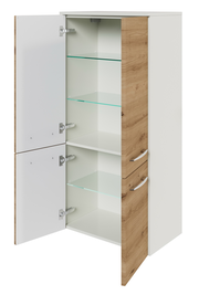 Midischrank mit Holz- und Weißoptik, zwei geöffnete Türen, Glasböden, Perspektive von vorne rechts