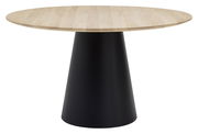 Runder Esstisch mit hellem Holz und schwarzem konischen Sockel, seitliche Perspektive