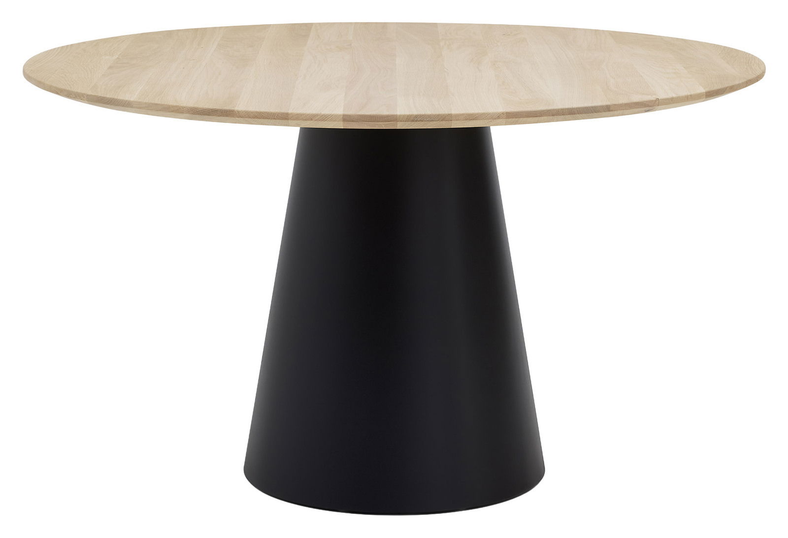 Runder Esstisch mit hellem Holz und schwarzem konischen Sockel, seitliche Perspektive