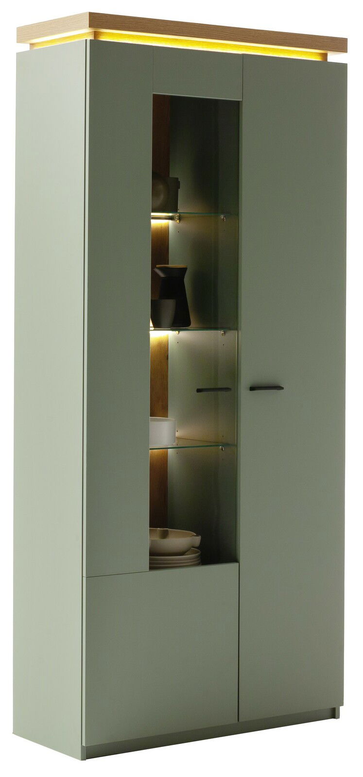 Moderne Vitrine mit Glasfront und integrierter Beleuchtung, seitliche Perspektive