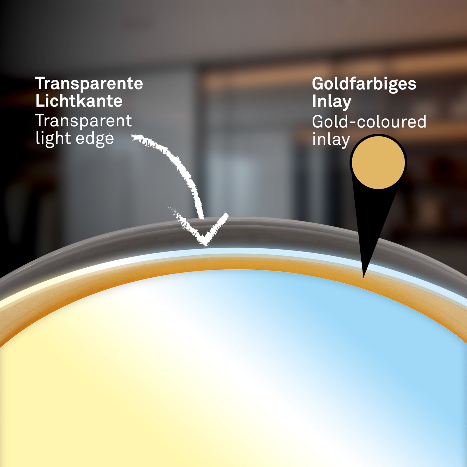 Detailaanzicht van een ronde ledlamp met transparante lichtrand en goudkleurige inleg
