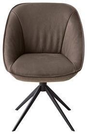 Moderner Armlehnstuhl in braunem Leder mit schwarzem Metallgestell, Frontalansicht