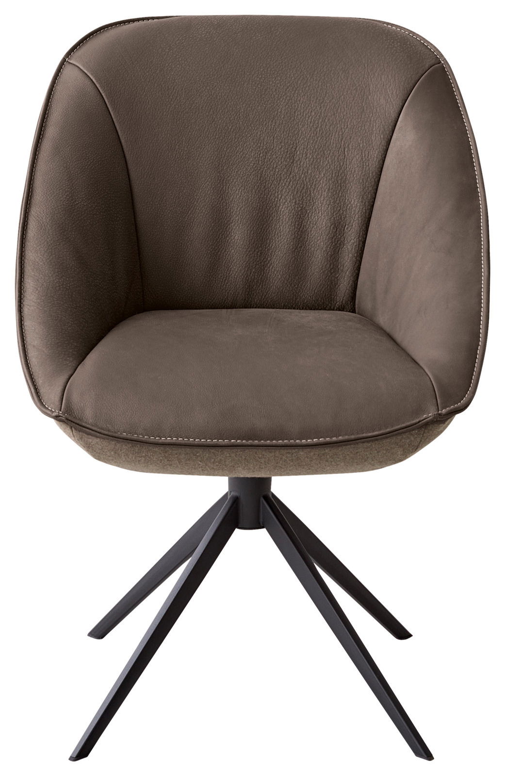 Moderner Armlehnstuhl in braunem Leder mit schwarzem Metallgestell, Frontalansicht
