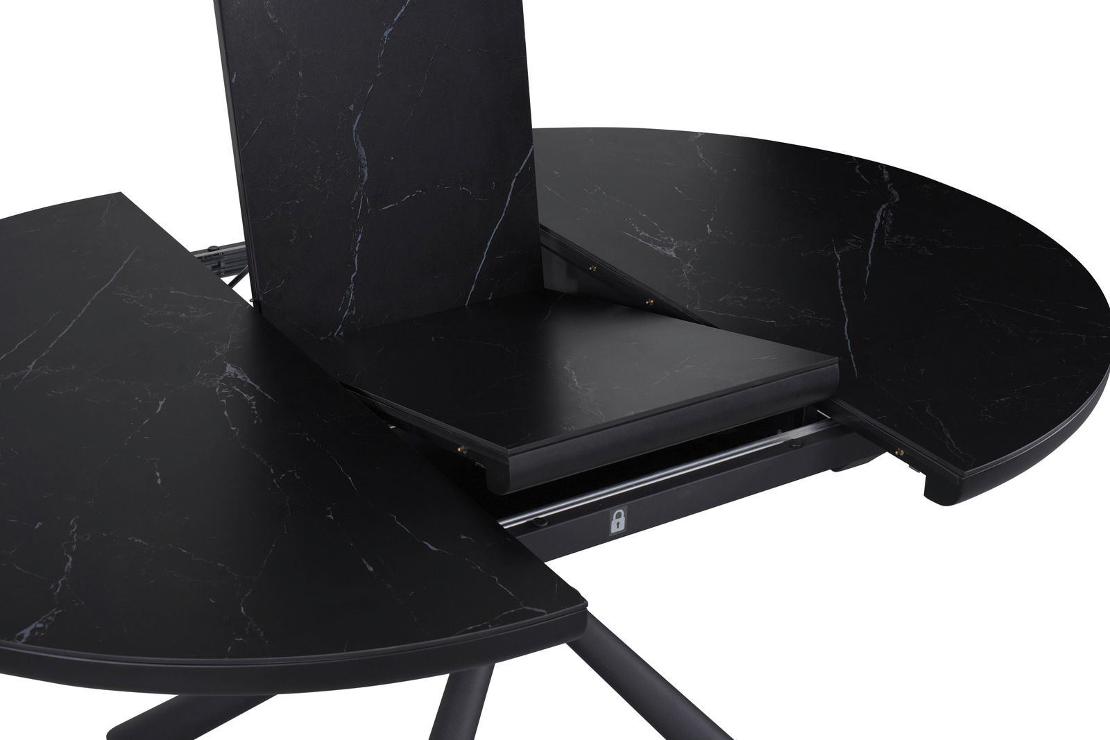 Runder Esstisch mit schwarzer Marmoroptik, ausziehbar, Ansicht von oben