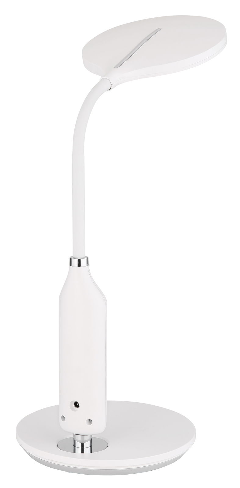 Moderne weiße Tischleuchte FRUGGY mit flexiblem Hals, seitliche Perspektive