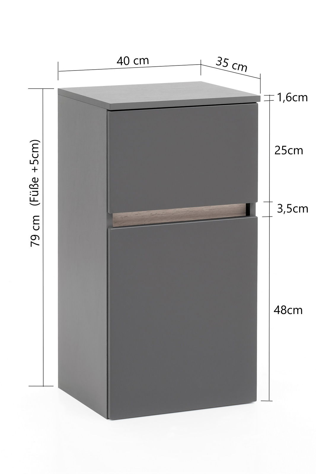 Moderner grauer Unterschrank mit zwei Schubladen, seitliche Perspektive, Maße: 40 cm Breite, 35 cm Tiefe, 79 cm Höhe inklusive Füße.