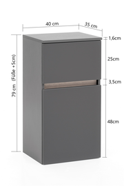Moderner grauer Unterschrank mit zwei Schubladen, seitliche Perspektive, Maße: 40 cm Breite, 35 cm Tiefe, 79 cm Höhe inklusive Füße.