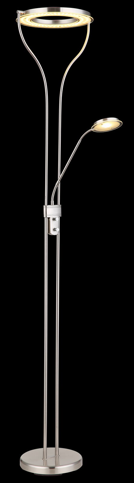 Moderner Deckenfluter mit zusätzlicher Leselampe, aus gebürstetem Metall, in Frontalansicht.