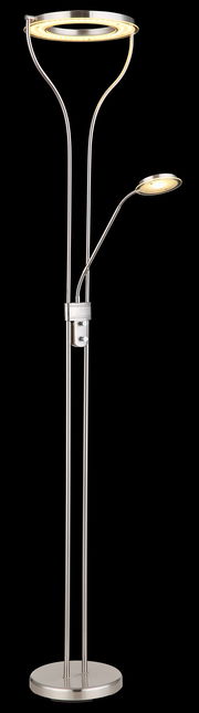 Moderner Deckenfluter mit zusätzlicher Leselampe, aus gebürstetem Metall, in Frontalansicht.