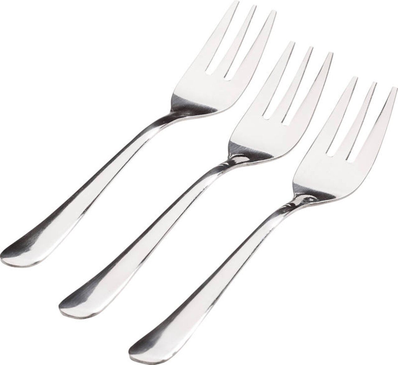 Drei silberne Kuchengabeln in schräger Draufsicht
