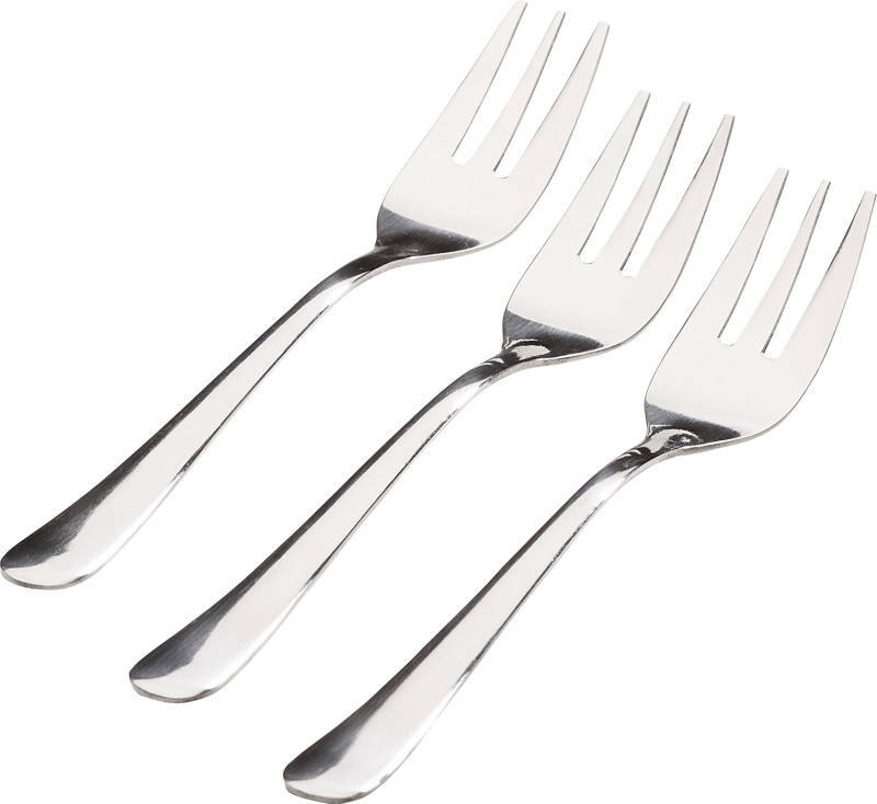 Drei silberne Kuchengabeln in schräger Draufsicht