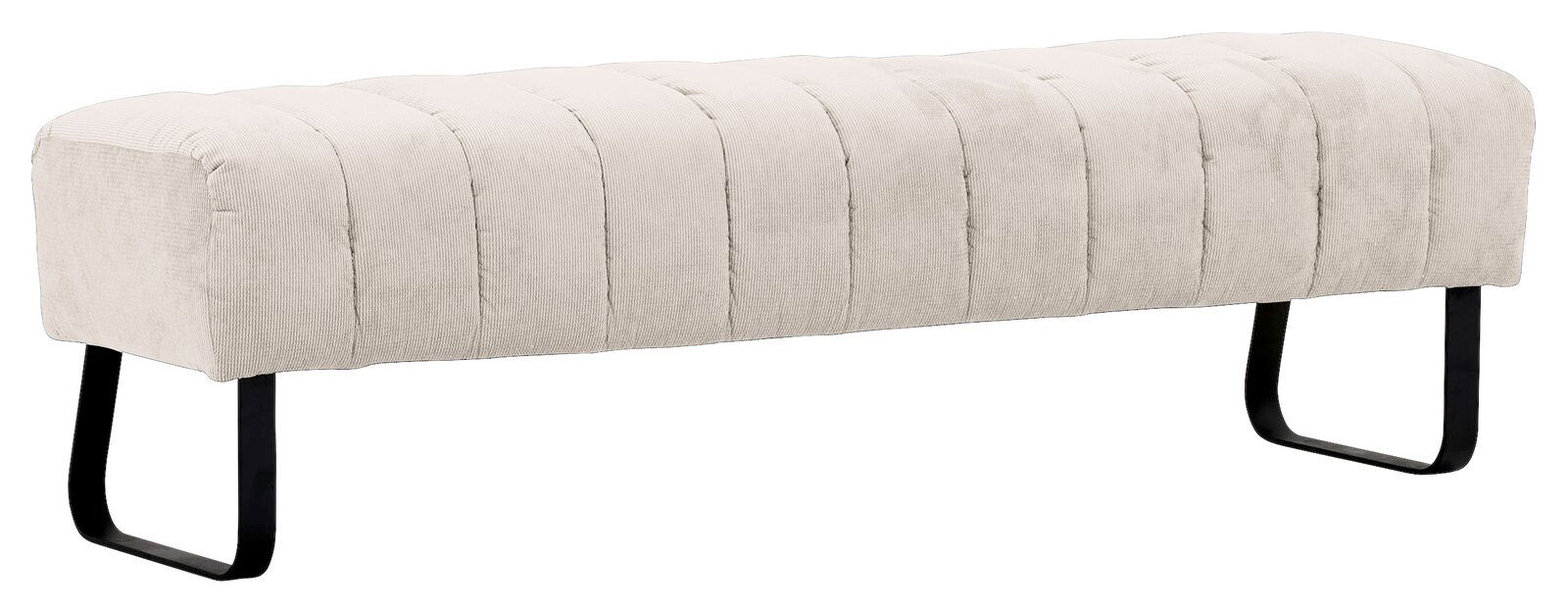 Beige gepolsterte 2,5er-Sitzbank mit schwarzen Metallbeinen, seitliche Perspektive